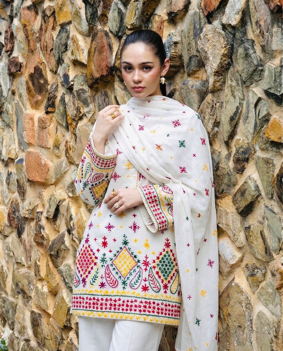 3 Pc Unstitched Handmade Kaj Tanka Lawn