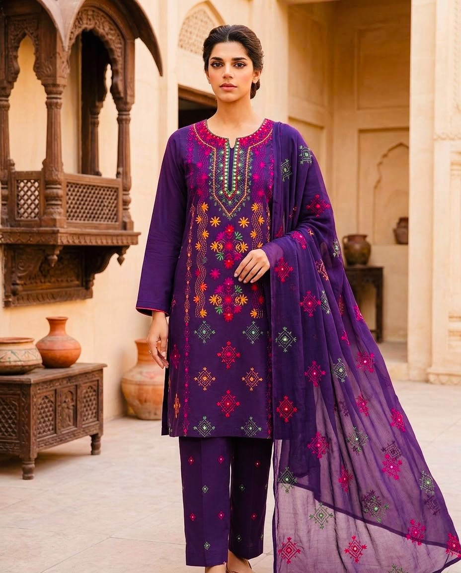 UnStitched Handmade Multani Embroidery Dress 3Pc