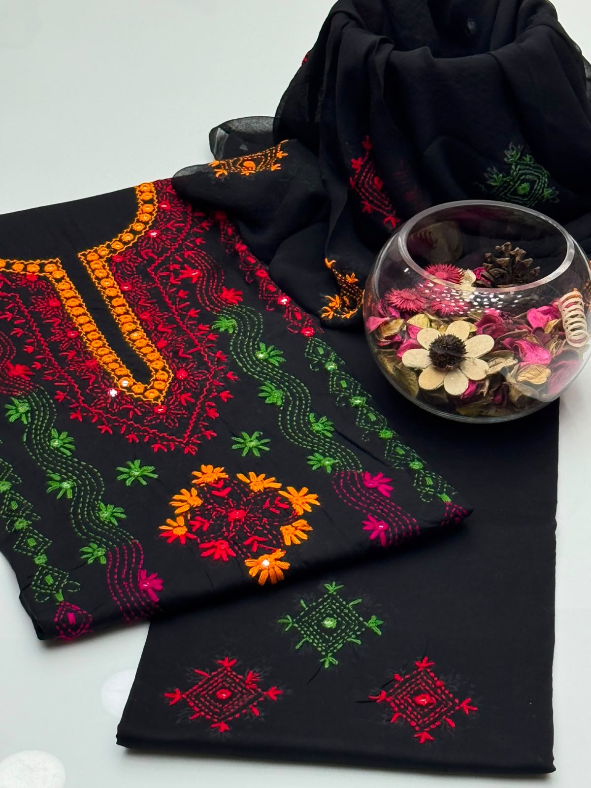UnStitched Handmade Multani Embroidery Dress 3Pc