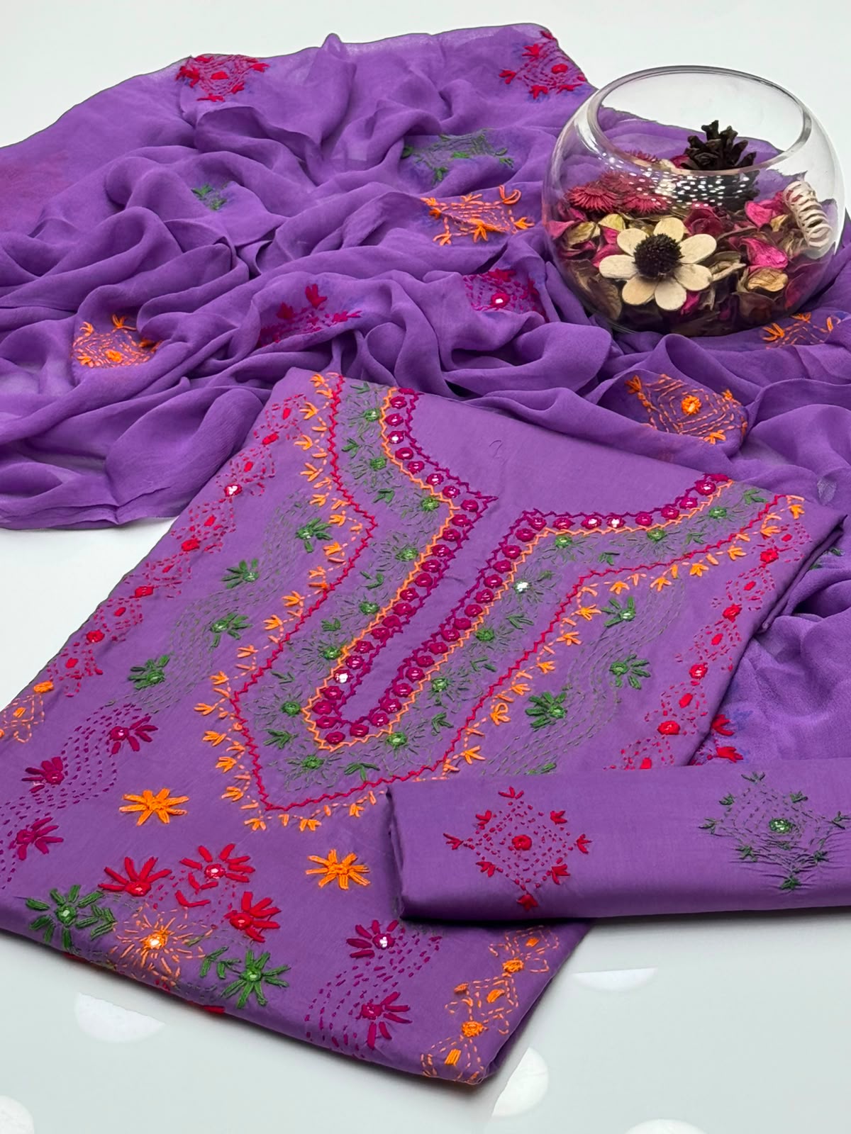 UnStitched Handmade Multani Embroidery Dress 3Pc