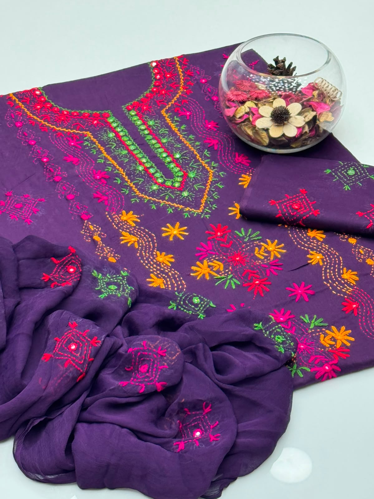 UnStitched Handmade Multani Embroidery Dress 3Pc