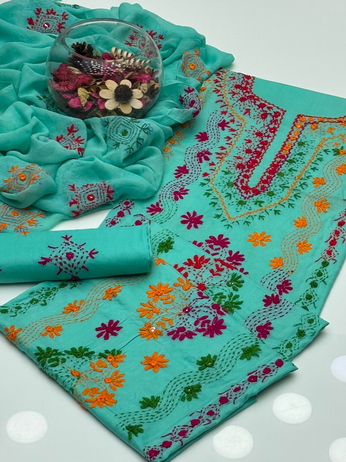 UnStitched Handmade Multani Embroidery Dress 3Pc