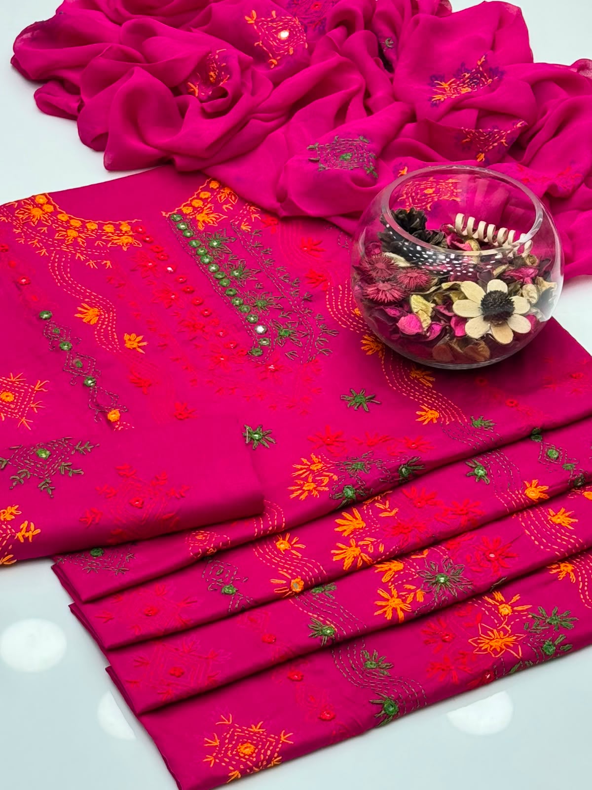 UnStitched Handmade Multani Embroidery Dress 3Pc