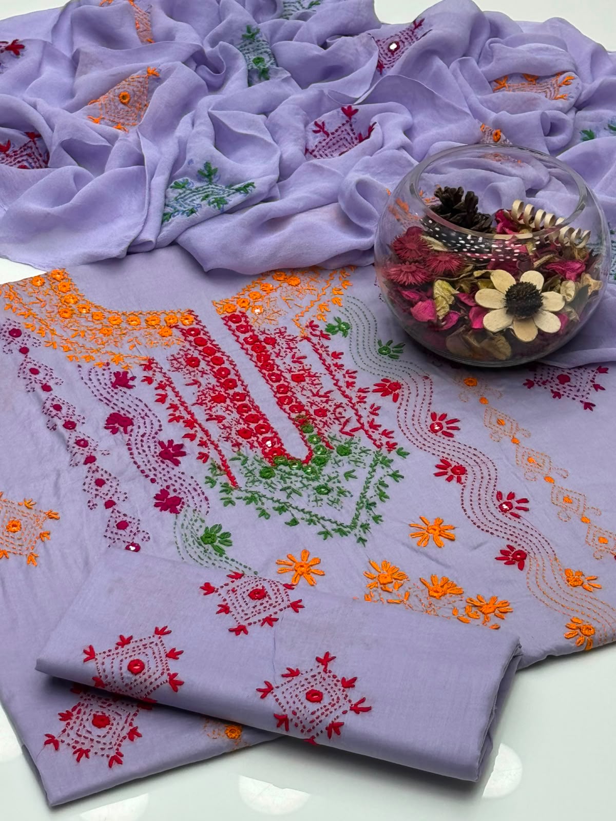 UnStitched Handmade Multani Embroidery Dress 3Pc