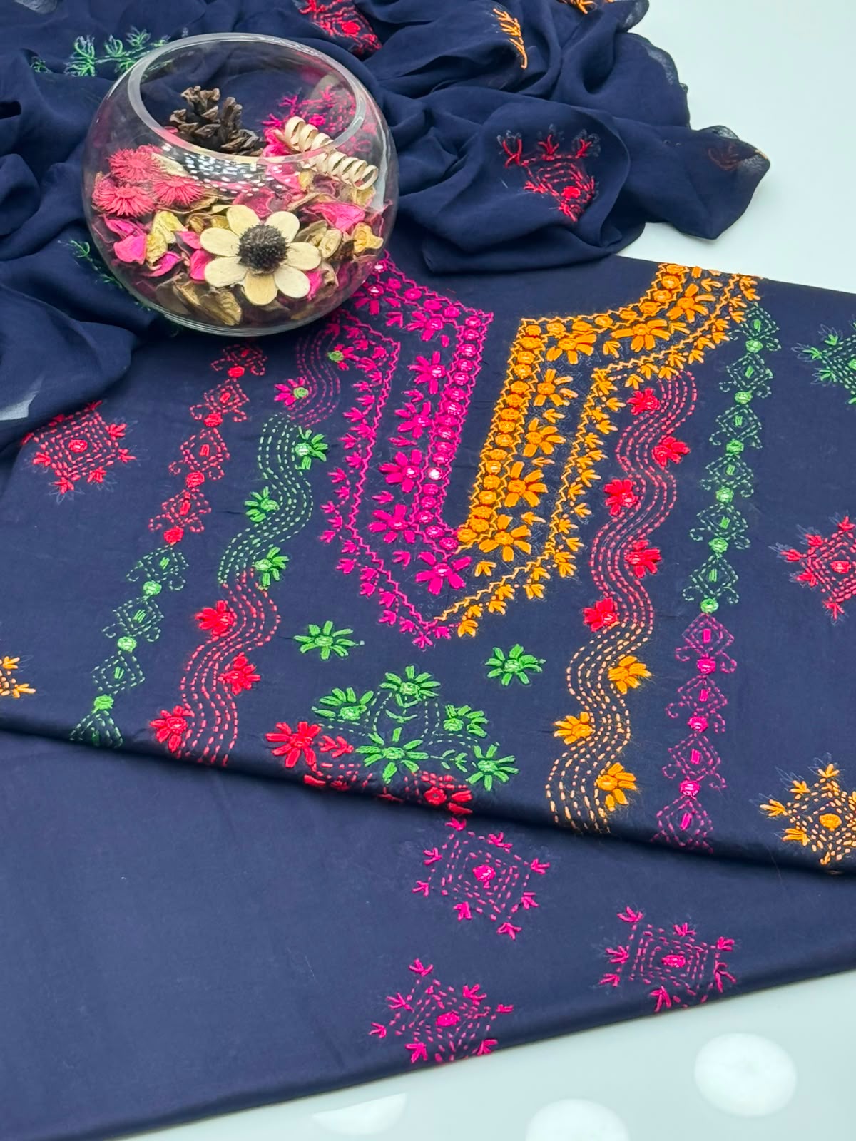 UnStitched Handmade Multani Embroidery Dress 3Pc
