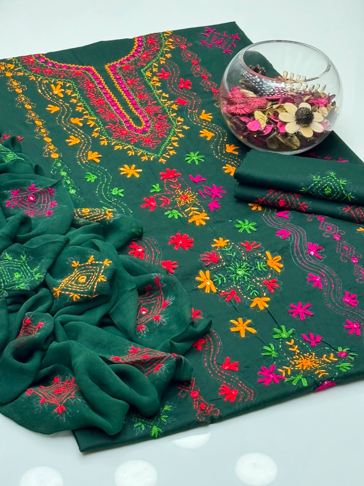 UnStitched Handmade Multani Embroidery Dress 3Pc