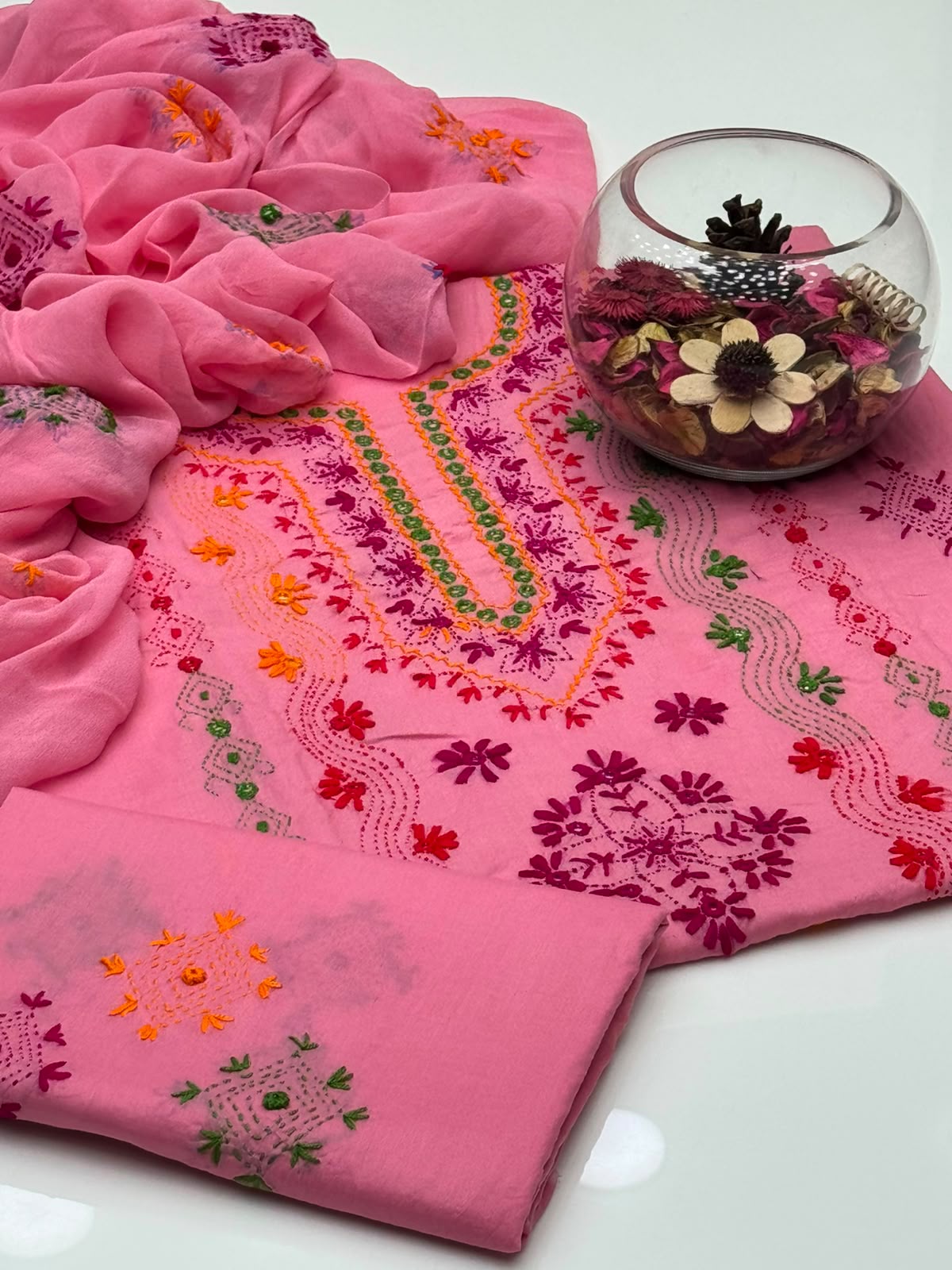 UnStitched Handmade Multani Embroidery Dress 3Pc