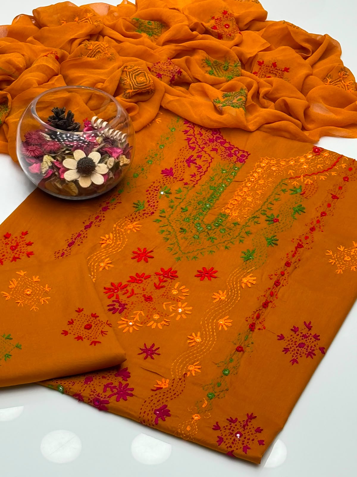 UnStitched Handmade Multani Embroidery Dress 3Pc