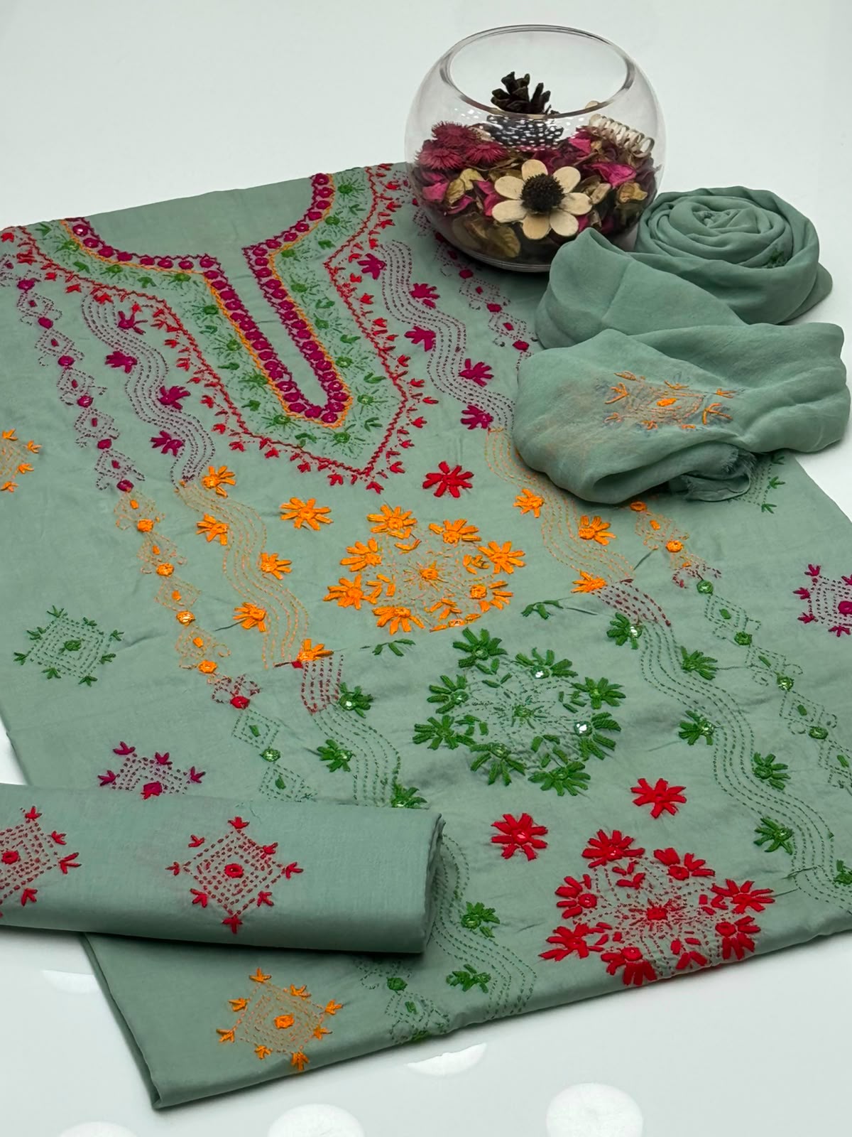 UnStitched Handmade Multani Embroidery Dress 3Pc