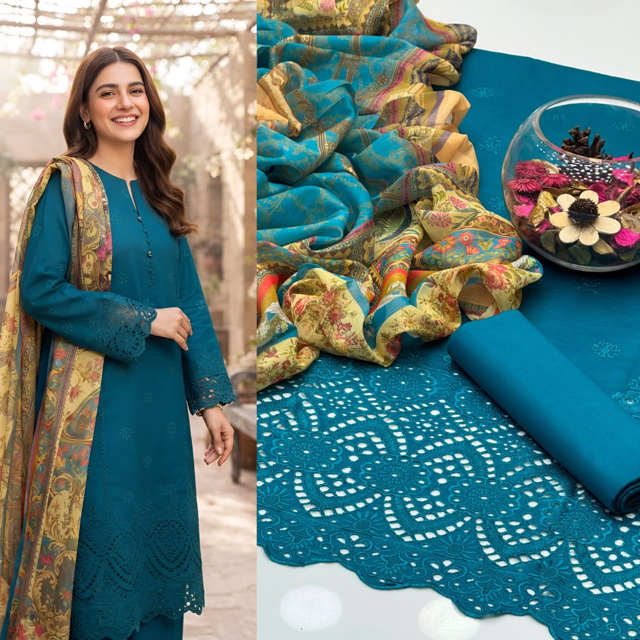 UnStitched Handmade Multani Embroidery Dress 3Pc