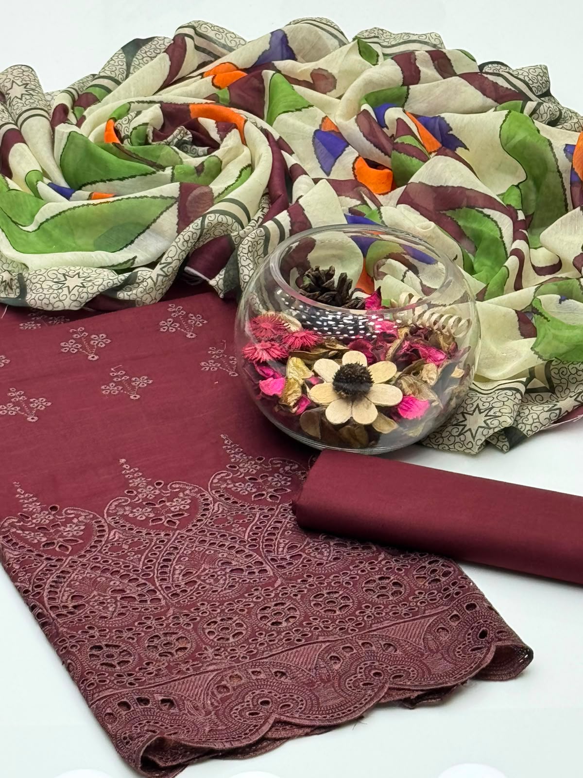 UnStitched Handmade Multani Embroidery Dress 3Pc