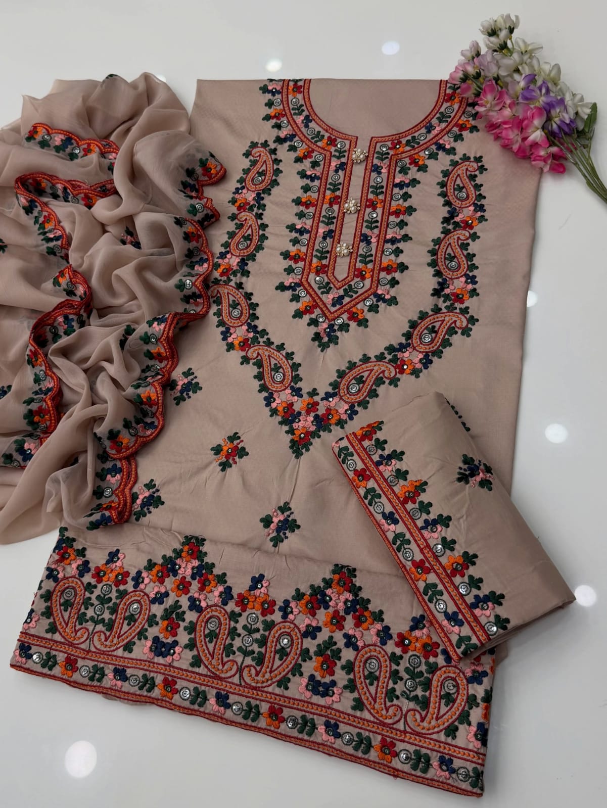 UnStitched Handmade Multani Embroidery Dress