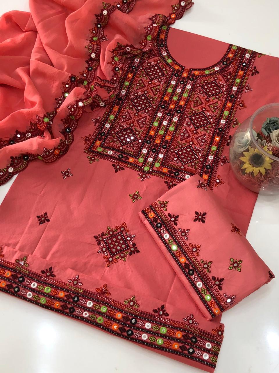 UnStitched Handmade Multani Embroidery Dress