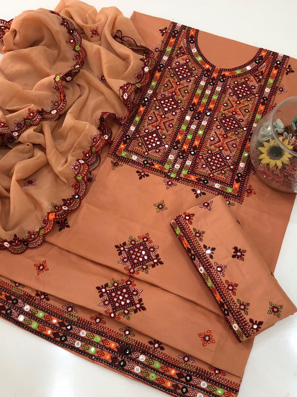 UnStitched Handmade Multani Embroidery Dress