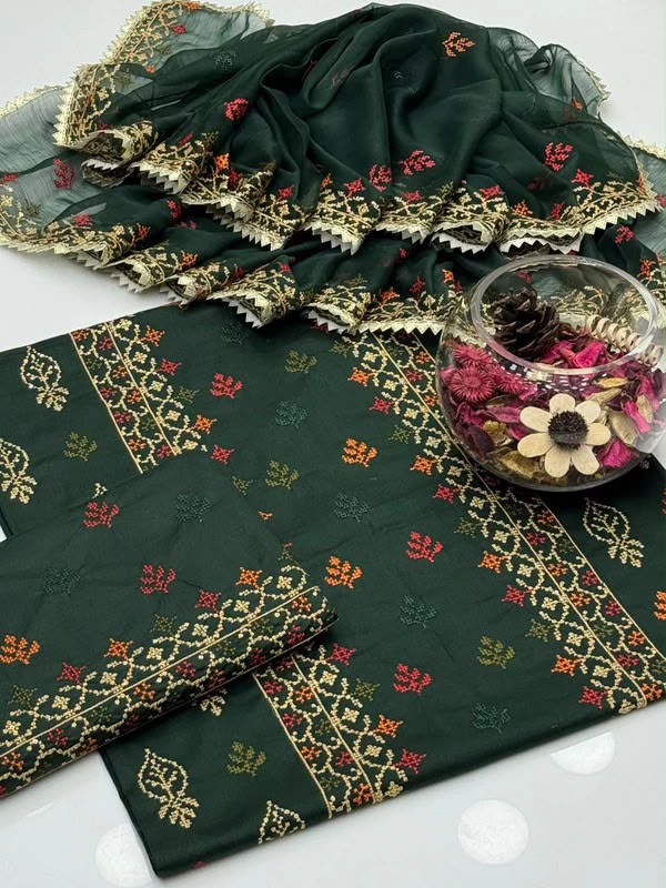 UnStitched Handmade Multani Embroidery Dress 3Pc