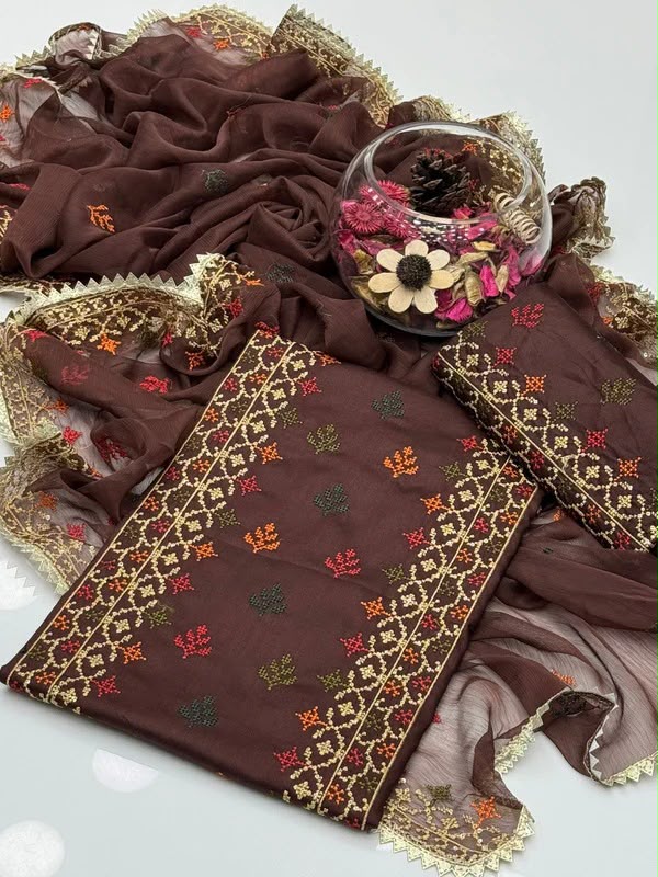 UnStitched Handmade Multani Embroidery Dress 3Pc