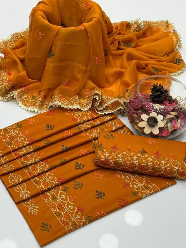 UnStitched Handmade Multani Embroidery Dress 3Pc