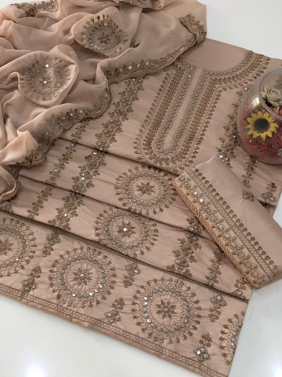 UnStitched Handmade Multani Embroidery Dress 3Pc