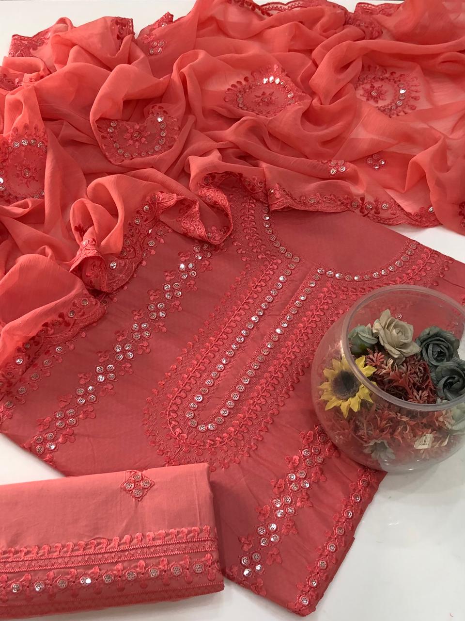 UnStitched Handmade Multani Embroidery Dress 3Pc