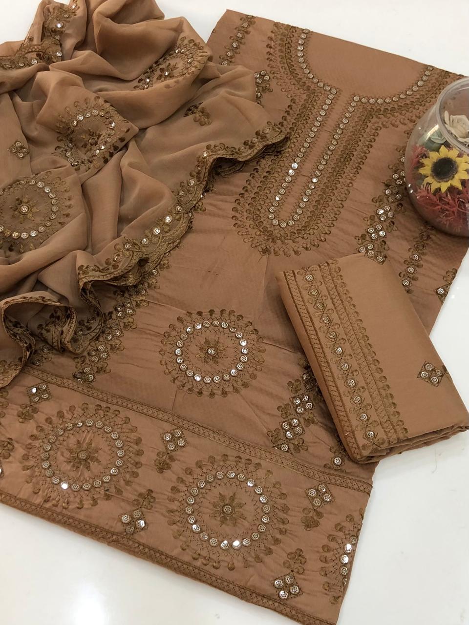 UnStitched Handmade Multani Embroidery Dress 3Pc
