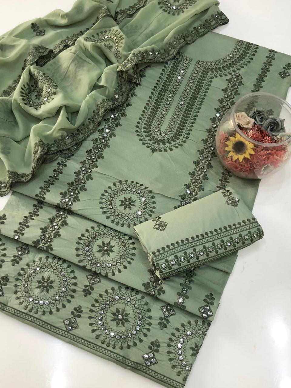 UnStitched Handmade Multani Embroidery Dress 3Pc