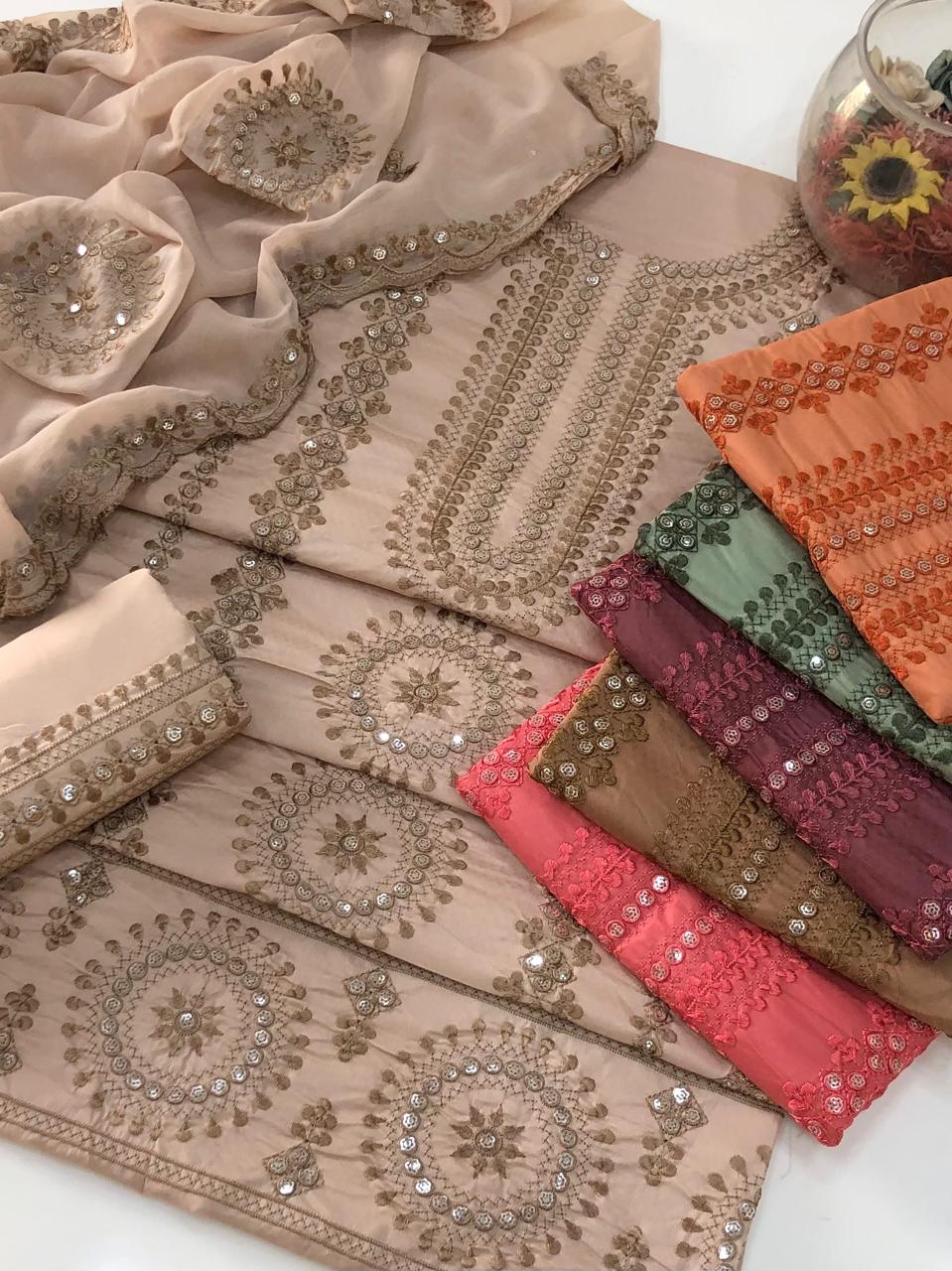 UnStitched Handmade Multani Embroidery Dress 3Pc