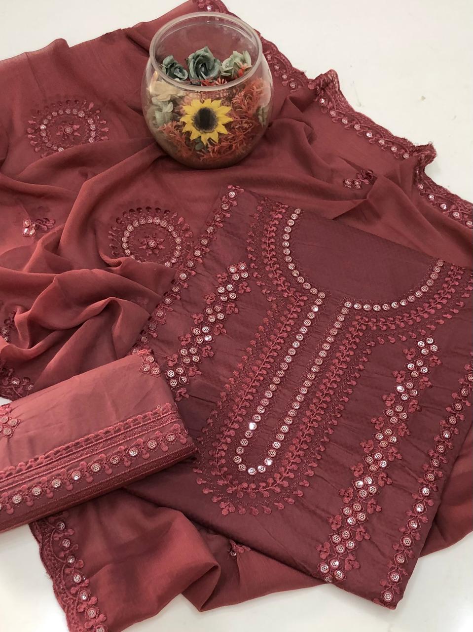 UnStitched Handmade Multani Embroidery Dress 3Pc