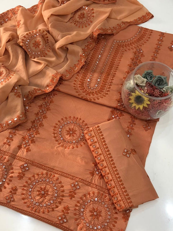 UnStitched Handmade Multani Embroidery Dress 3Pc