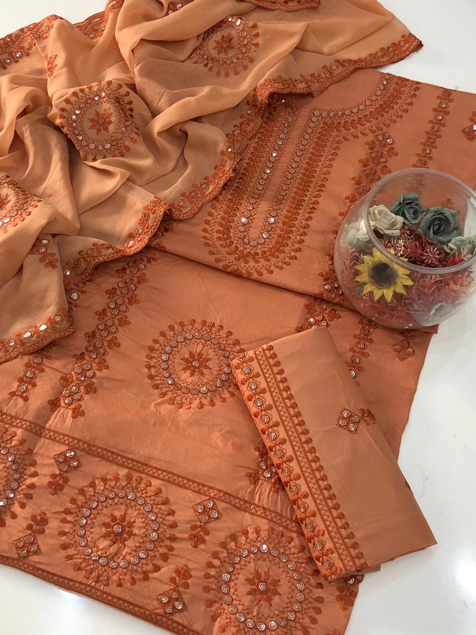 UnStitched Handmade Multani Embroidery Dress 3Pc